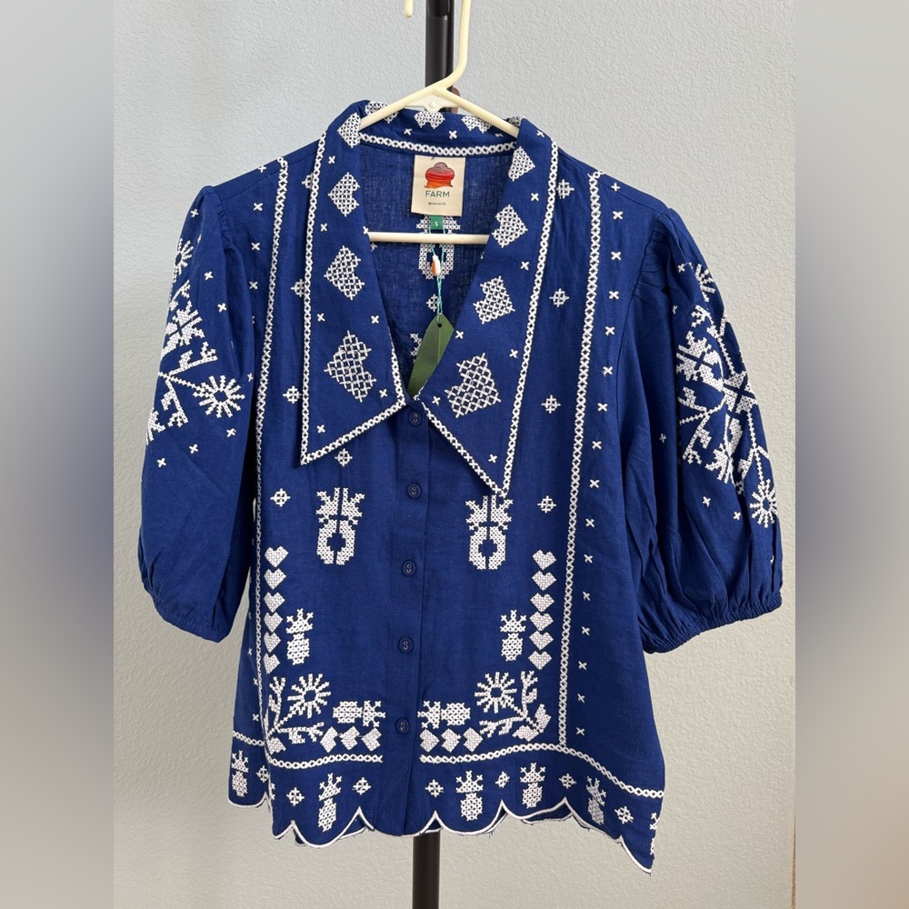 FARM Rio Blue Sailor Collar Embellished Blouse